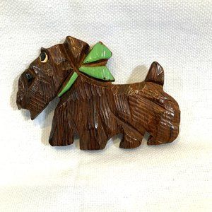 Vintage 1940s Scottish Terrier Wood Brooch Hand Carved and Painted